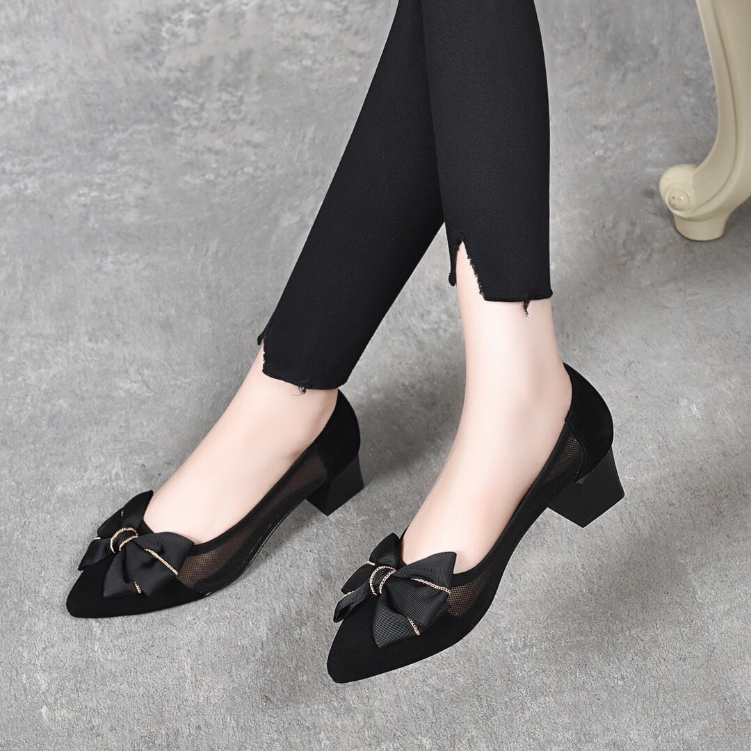 Giày ballet nữ mũi nhọn đế bằng da thật lưới thoáng khí — Màu đen gót 5cm