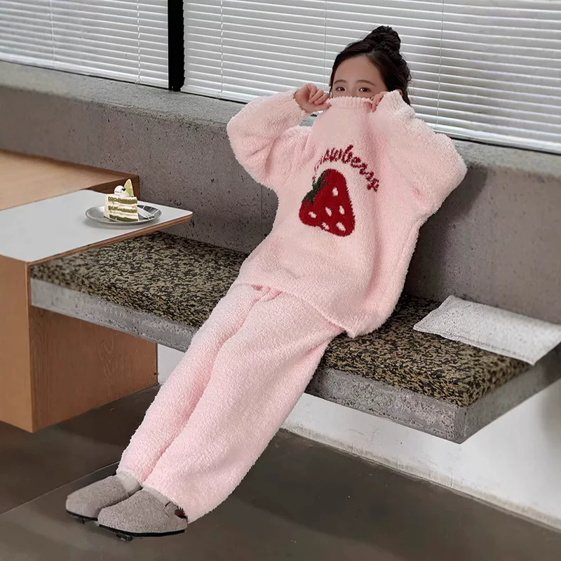 Strawberry, children's demi-season set, velvet fleece keep warm pijama, for teenagers