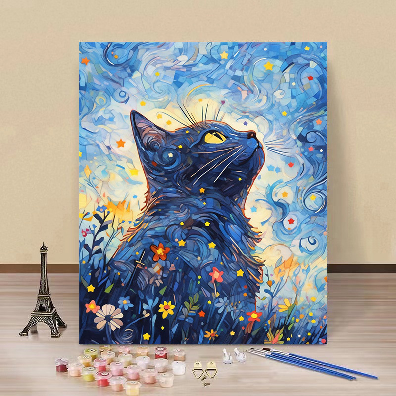 Pintura por números “Gato Estrellado” — arte DIY de fábrica al por mayor, estilo Van Gogh, flores y paisajes hechos a mano