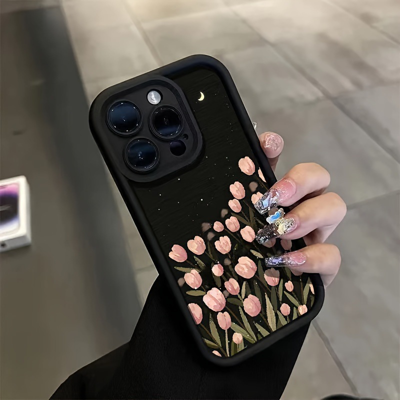 黑夜月亮星空粉色郁金香适用苹果16阶梯手机壳15/14/13/12/11天眼