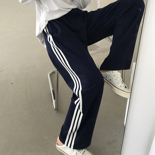 Summer Striped Casual Sporty Pants for Girls, Ins Trendy Loose and Slimming Wide Leg Pants, Short Figures Straight Leg Pants