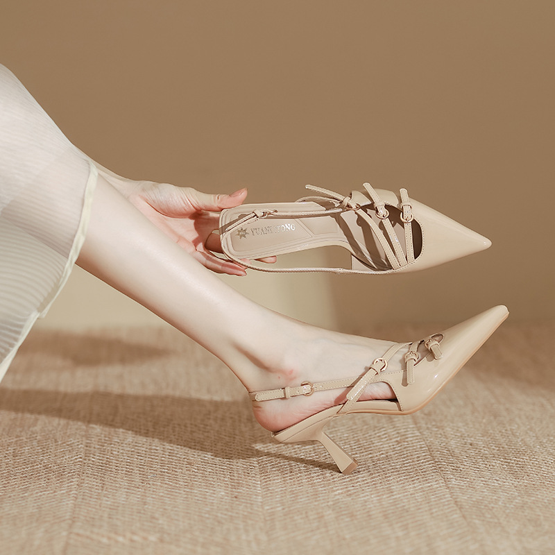 Summer Nude-Colored Soft Leather Commuting Pointed-Toe High-Heeled Shoes with Shallow Straps and Buckle Back Straps, Thin Heels, New Closed-Toe Sandals for Women