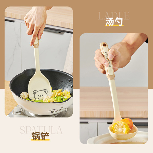 Cartoon household stir-frying silicone shovel non-stick pan special food grade high temperature resistant frying shovel heat insulation and non-slip kitchenware set
