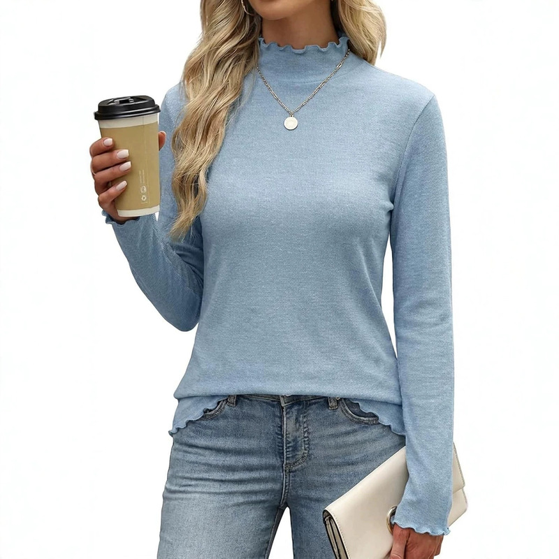 2026 Amazon Women's Long Sleeve Shirt Elegant Slim Fit Ruffle Trim Collar Basic Soft Casual Layered