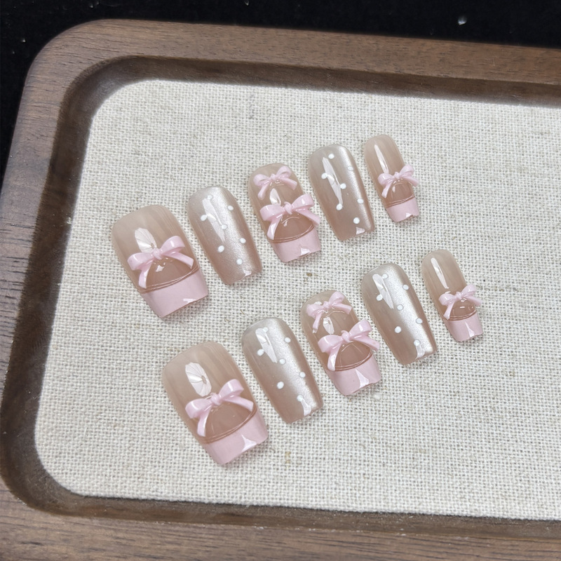 半手工纯欲甜美少女风粉色芭蕾法式猫眼穿戴甲10片美甲贴片爆款|undefined