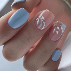 Fresh light blue leaves nail art summer whitening nail stickers, European and American sweet and cool wear-on nail art set, 24 pieces pack