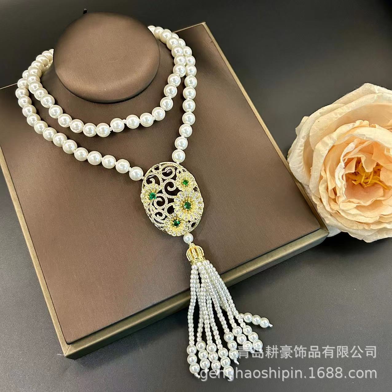 Qingdao Middle Ancient Chinese Style New Chinese Style Tassel Long Necklace Palace Hollow Carved Diamond Pearl Woolen Chain for Women