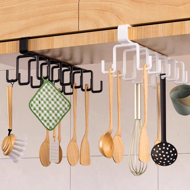 Kitchen Multi-functional Row Hook Storage Rack Punch-free Hanging Cabinet Door Card Clip Hook Spovel Spoon Countertop Storage Rack
