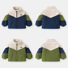秋冬婴儿立领开衫奥粒绒保暖外套秋冬装男童女童宝宝拼色百搭上衣