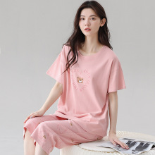 拉架爽棉睡衣女款夏季薄款短袖七分裤纯棉夏天凉爽外穿家居服套装