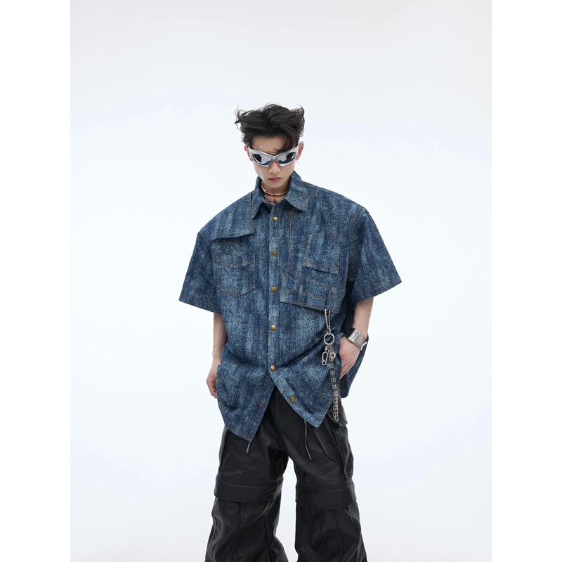 Washed Distressed Short-Sleeved Denim Shirts for Men and Women, Retro Workwear, Tie-Dye Cardigans, Shirts, Jackets, Ins Trend