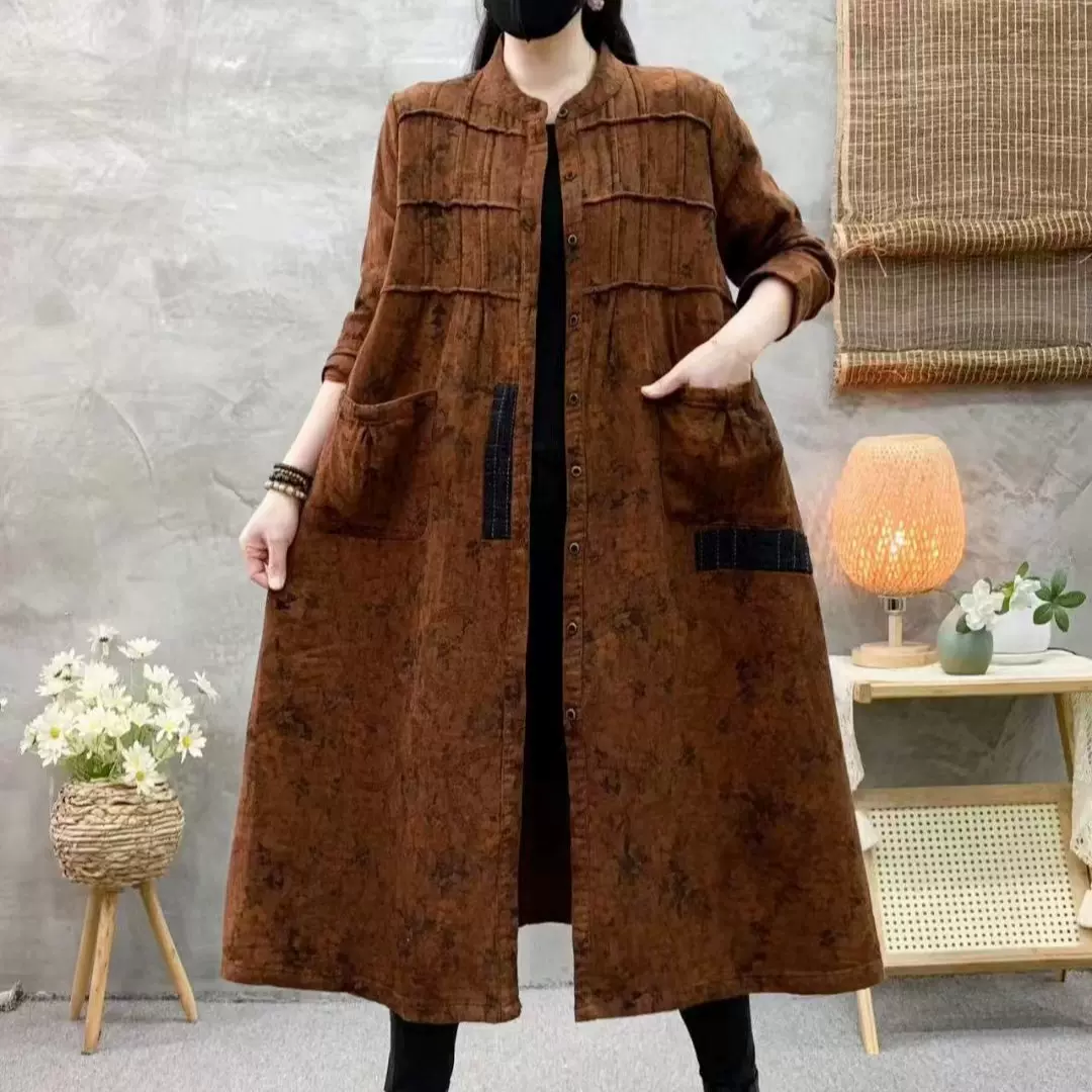 复古文艺印花棉质中长款风衣外套女2024秋季新款宽松显瘦时尚上衣