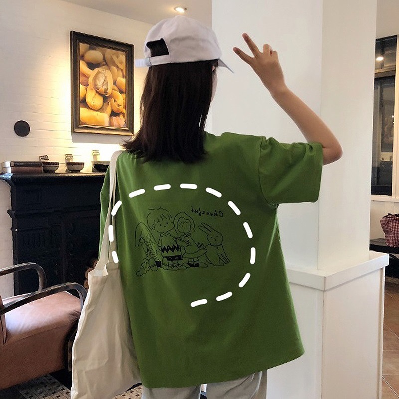 2021短袖t恤女夏季女装新款宽松大码韩版原宿风牛油果绿学生上衣