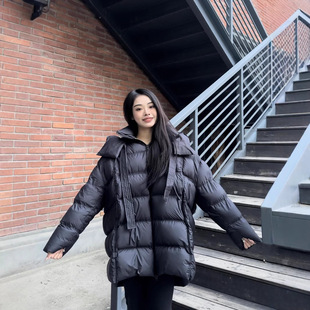 Mid-Length down Jacket for Women, Hot Style, 2025 New Style, White Hooded Puff Ribbon, Loose White Duck down Outer