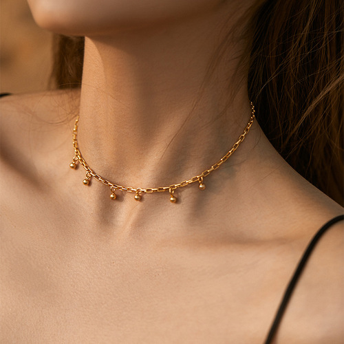 Copper-plated 18K real gold plain chain minimalist INS style versatile clavicle necklace heart-shaped O-link metal circle texture necklace