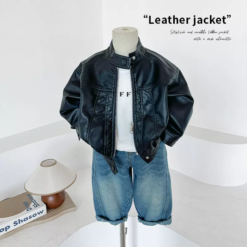 风之谷2024秋季新款童装儿童复古百搭立领夹克男女童帅气皮衣外套