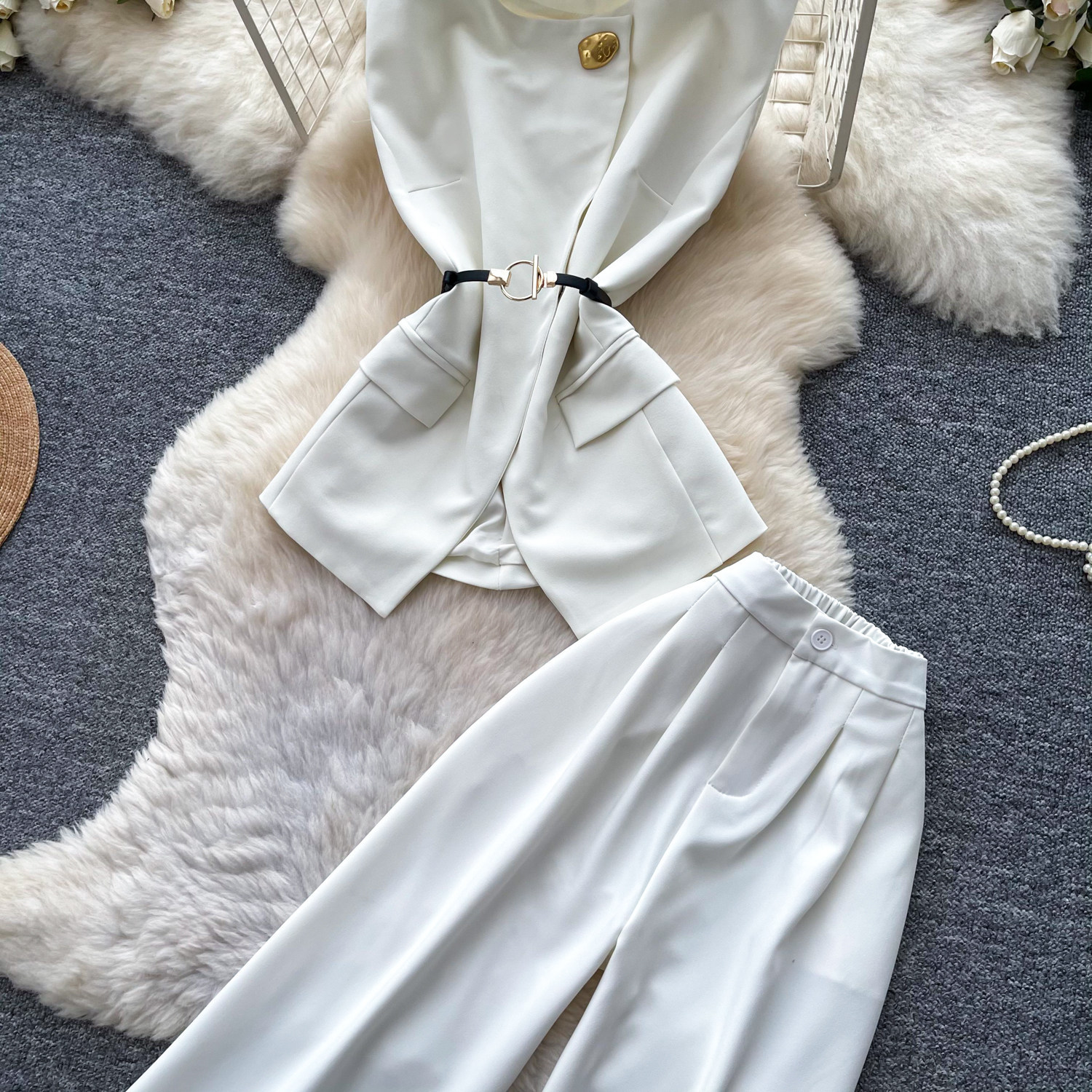 Korean Style Women's Cami Top And High-Waisted Wide Leg Pants Set - Summer Drawstring Waist Two Piece Outfit_ecoleips.com