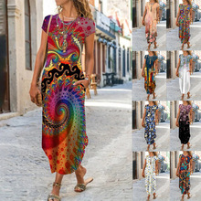 2023欧美跨境新款亚马逊独立站女装圆领插口袋短袖潮流印花连衣裙