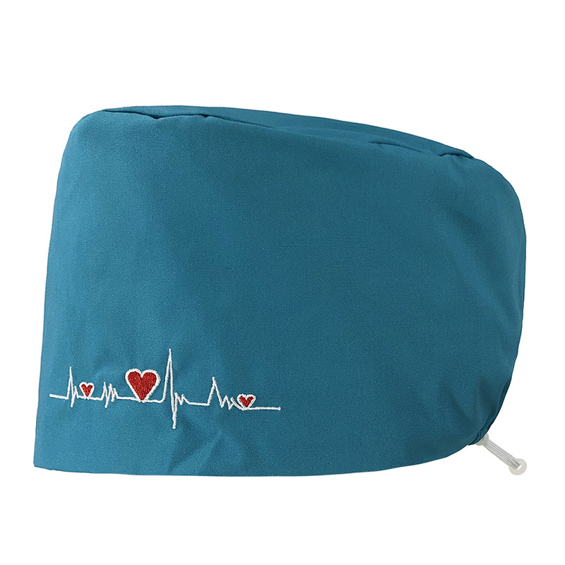 Gorro de enfermera con bordado de ECG de corazón, algodón puro, gorro de trabajo con bordado de color sólido, gorro simple para cabello largo, venta al por mayor.