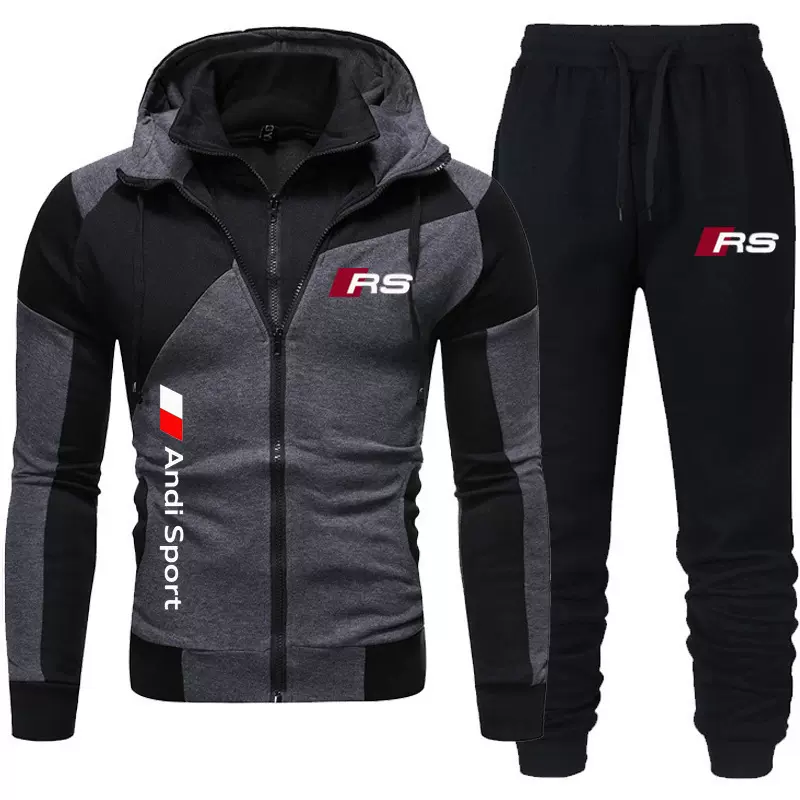 欧美跨境连帽运动男式套装时尚车标印花双拉链拼色套装休闲两件套