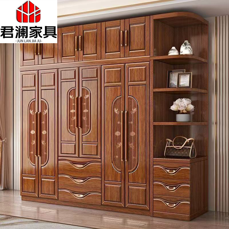 New Chinese Style Walnut Wardrobe Carved Solid Wood Master Bedroom Home Three, Four, Five and Six Door Flat Opening Combination Storage Wardrobe