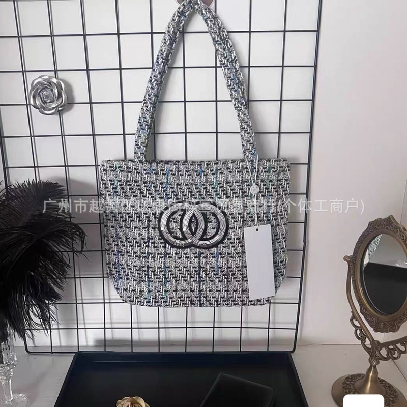 New cross-border style tweed woven sequin handbag, fashionable and trendy large-capacity women's shoulder bag