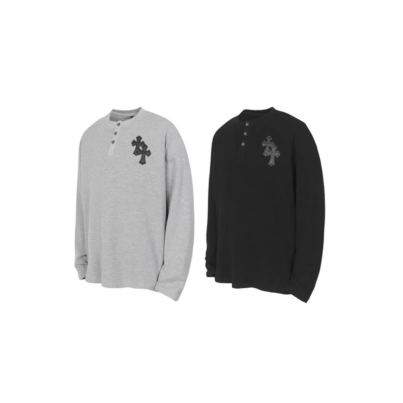 Cross-Border Chrome Hearts Waffle Fabric Black Cross Patch Embroidered Long-Sleeve Base Shirt