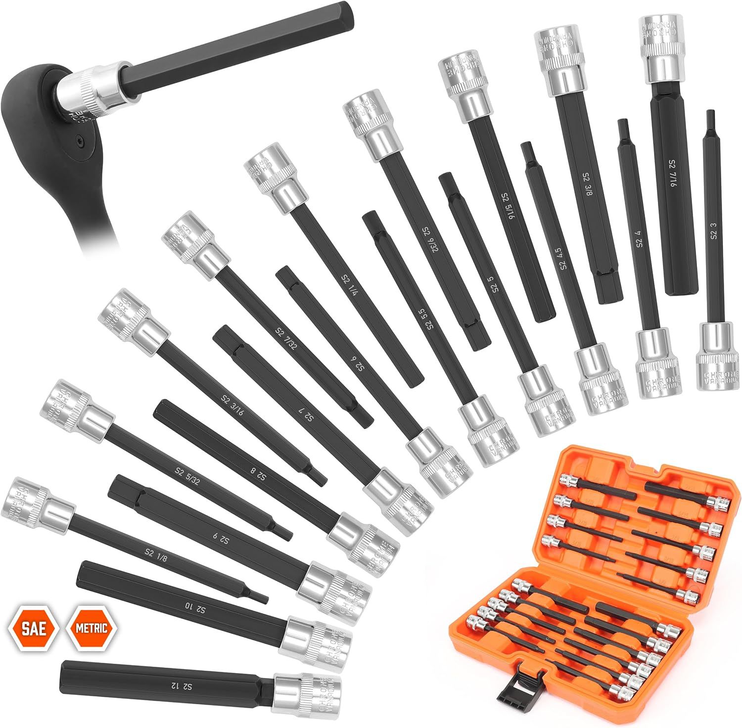 20件套超长内六角旋具套筒组件，长内六角套筒组件