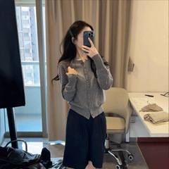 灰色外搭针织开衫女秋季韩系穿搭chic别致小个子短款毛衣外套上衣