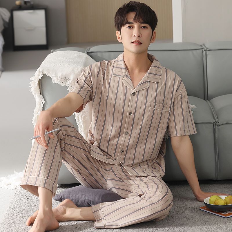 Pijamas de los hombres de verano 100% pantalones de algodón de manga corta cardigan de los hombres ropa de verano delgado más traje de tamaño