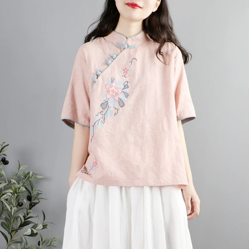 Новый китайский стиль ретро Cheongsam из чистого хлопка на пуговицах, женский летний чайный костюм в стиле дзен, с короткими рукавами, художественная рубашка с вышивкой в китайском стиле