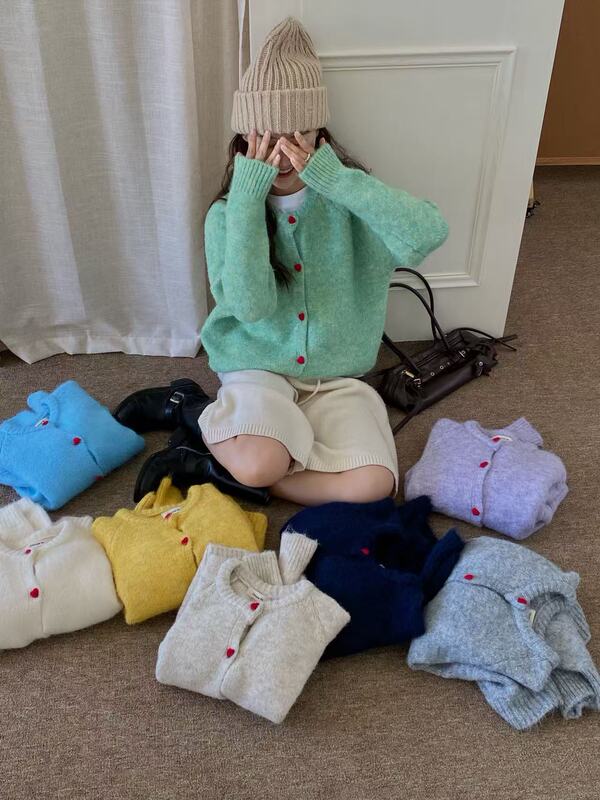 韩系简约百搭爱心扣软糯针织开衫女2025秋冬新款宽松显瘦毛衣外套|undefined