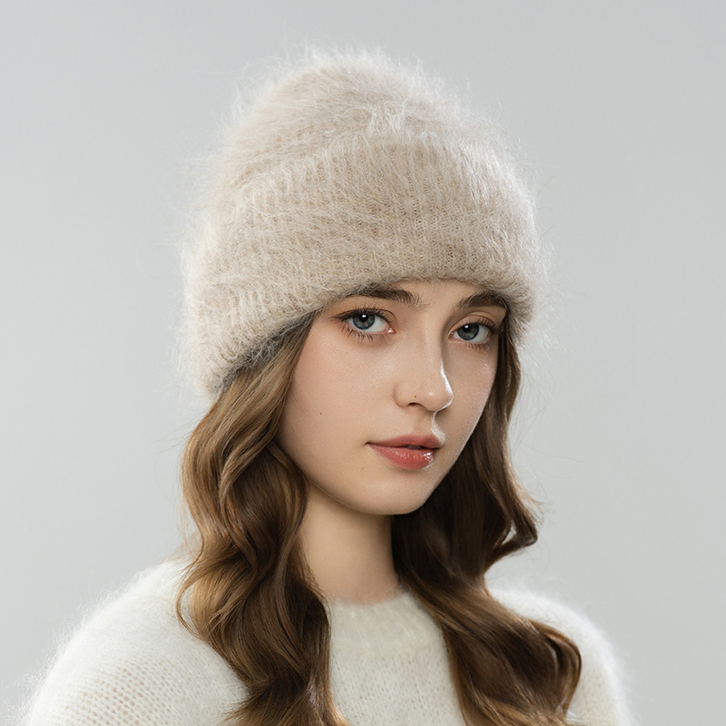 Mũ len beanie nữ lông cừu giữ ấm, vành tai bảo vệ, cỡ đầu lớn — màu be