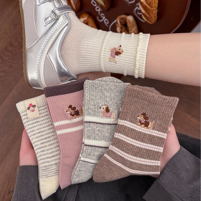 Cute Women's Mid-Calf Socks Made of Pure Cotton for Spring and Summer, Featuring Cartoon Puppy Embroidery, Paired with German Training Shoes, Sporty Lace-Up Socks