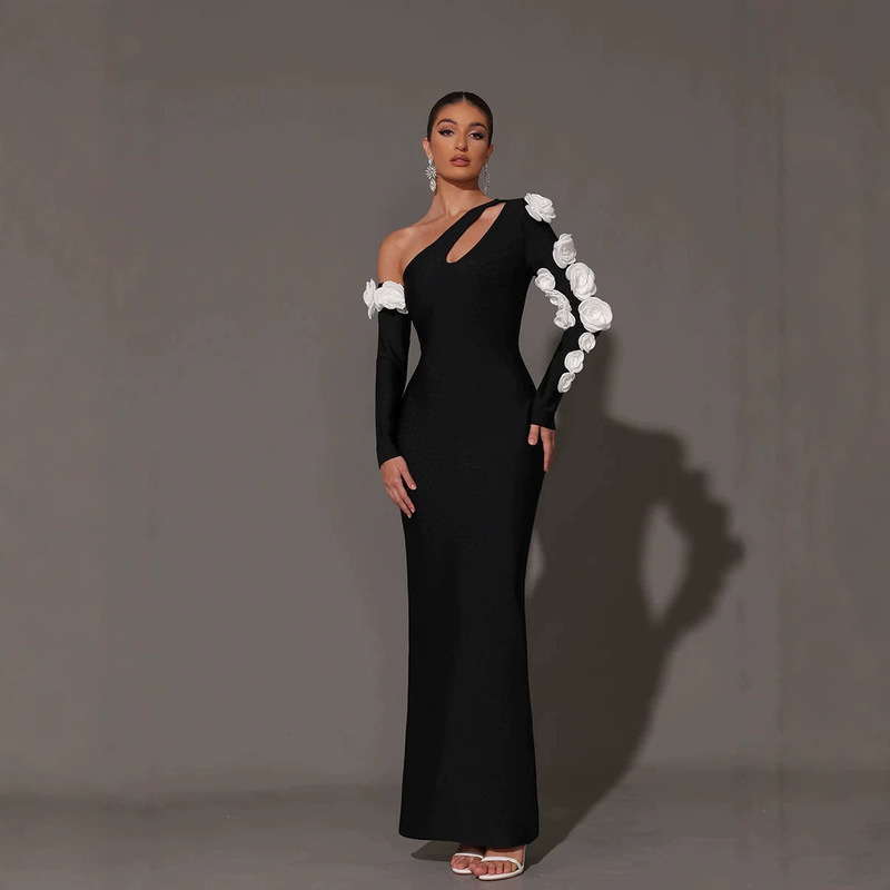 Sexy Off-Shoulder Fashion Design Casual Floral Embellished Long-Sleeve Tight-Fitting Long Bandage Bodycon Party Dress Wholesale Sexy Off-Shoulder Fashion Design Casual Floral Embellished Long-Sleeve Tight-Fitting Long Bandage Bodycon Party Dress Wholesale