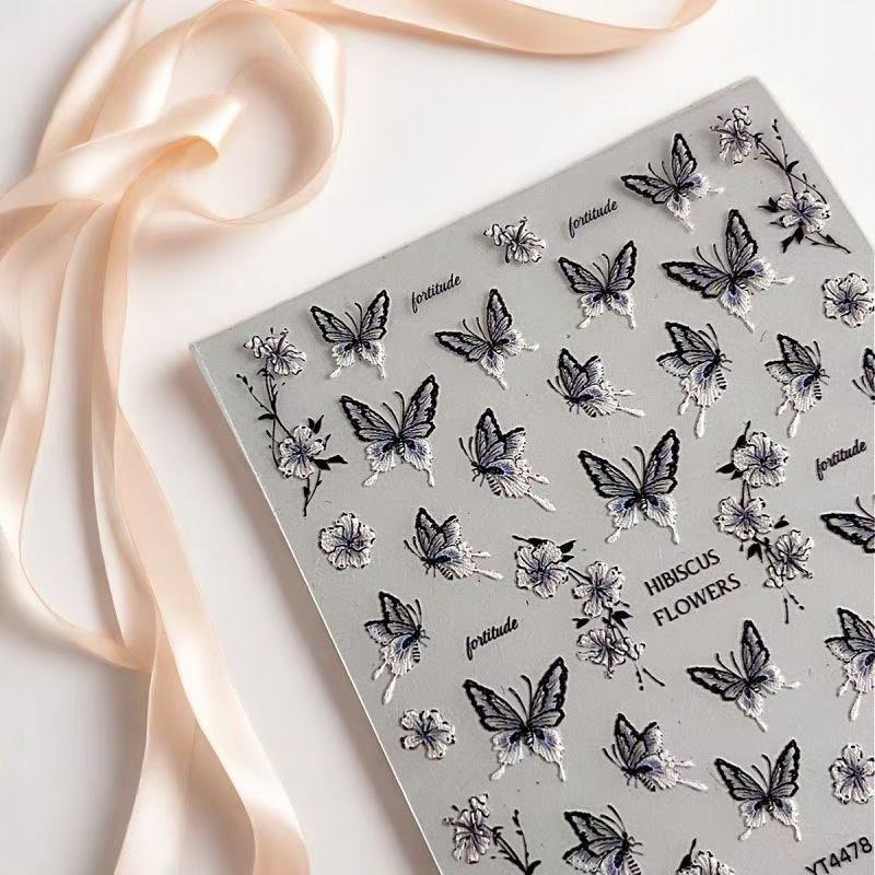 New Embroidered Butterfly Embossed Nail Art Stickers High-Value Ins Style Floral Adhesive Nail Camera DIY Decorative Stickers