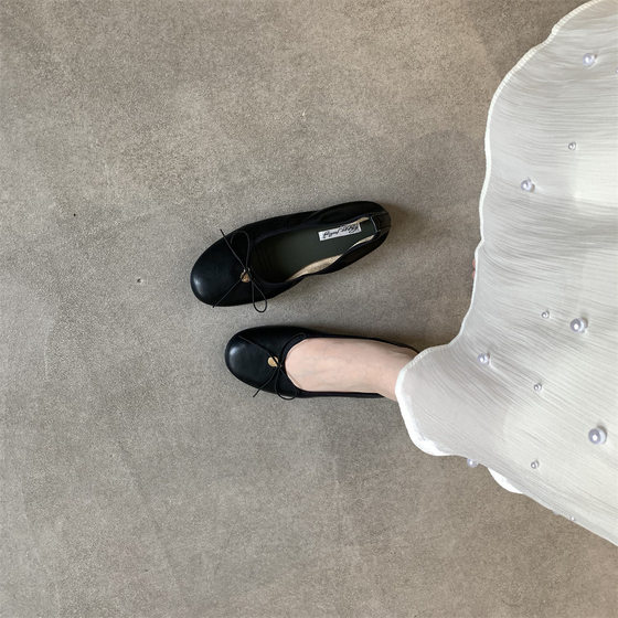 French Flat Bow Ballet Shoes Women's Shoes 2025 New Spring Korean Style Retro Round Toe Shallow Mouth Single-layer Shoes