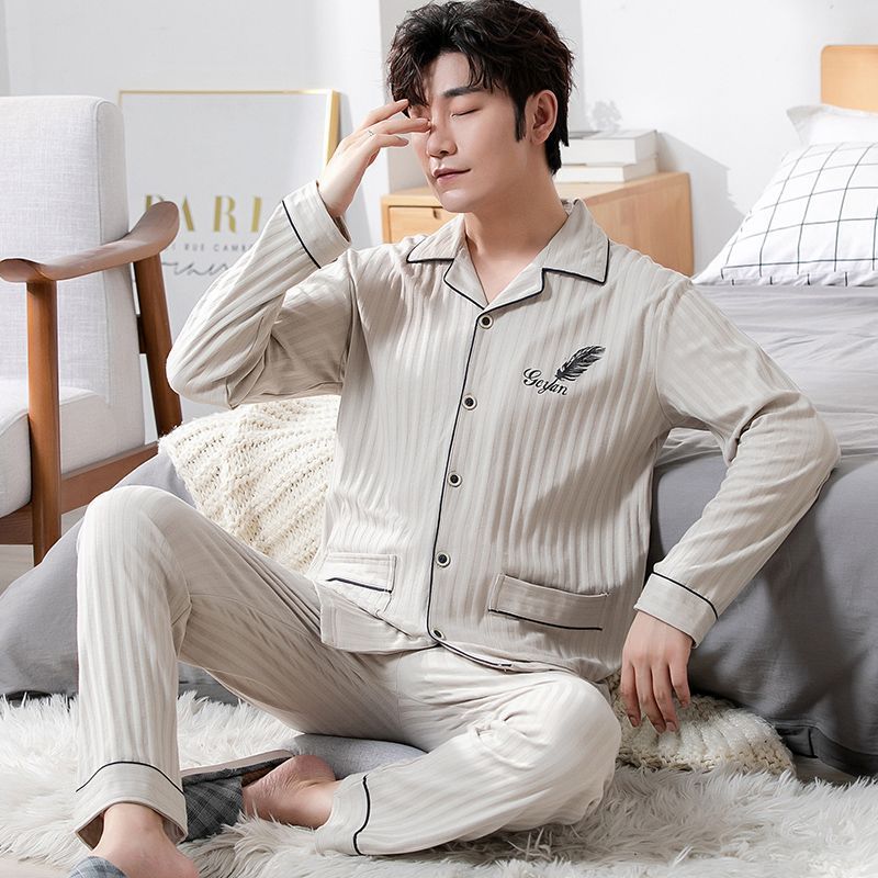 Pajamas de algodón extra grande primavera y otoño hombres cardigans de manga larga juventud de mediana edad ropa de hogar simple y suelta