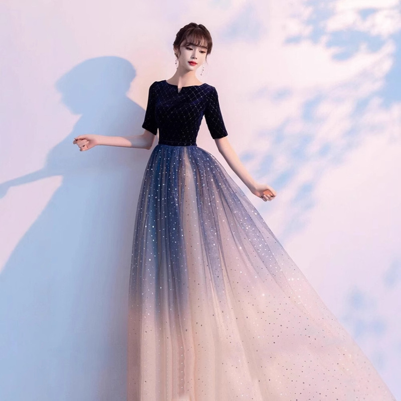 Starry Sky Gradient Choir Performance Clothing 2025 New Poetry Recitation Elegant Solo Conductor Clothing Dress for Women