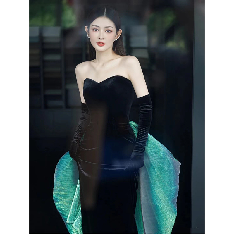 Vestido de noche negro para las mujeres 2024 nuevo banquete elegante tubo superior anfitrión elegante cola de pez largo vestido de adelgazamiento