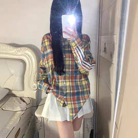 美式复古撞色格子条纹衬衫女春夏新款宽松设计感小众防晒外套衬衣