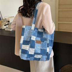 簡約帆布牛仔托特包女大容量休閒單肩包通勤上班手提包大格子布袋