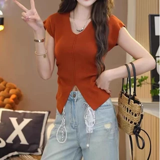法式气质无袖V领短袖针织衫女夏季胖mm设计褶皱收腰显瘦上衣
