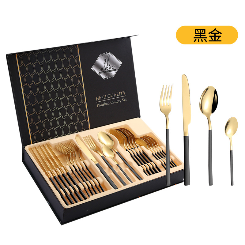 Amazon Venta caliente vajilla de acero inoxidable 24 piezas traje transfronterizo producto Caballero 4 piezas principales cuchillo de comida occidental, tenedor y cuchara traje