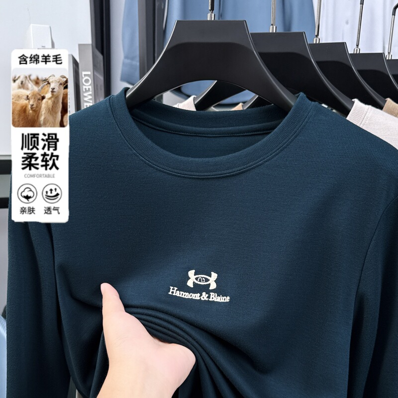 秋季新款含绵羊毛男士圆领长袖T恤男装时尚亲肤舒适百搭卫衣男装|undefined