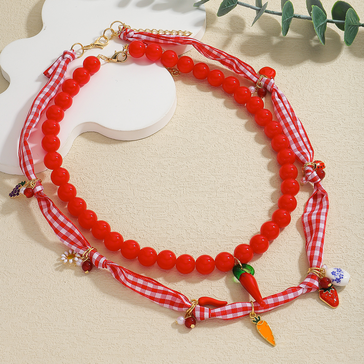 Plating Design Cute Modern Style Cherry Fruit Carrot Alloy Plastic Bandana Silk Scarf Cord Beaded Chain Lobster Trigger Clasp Closure Pendant Necklaces Wholesale