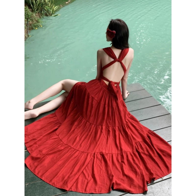 French Red Strappy Dress, New Summer Style for Seaside Vacation, Beautiful Backless Sexy Slit Slimming Long Skirt