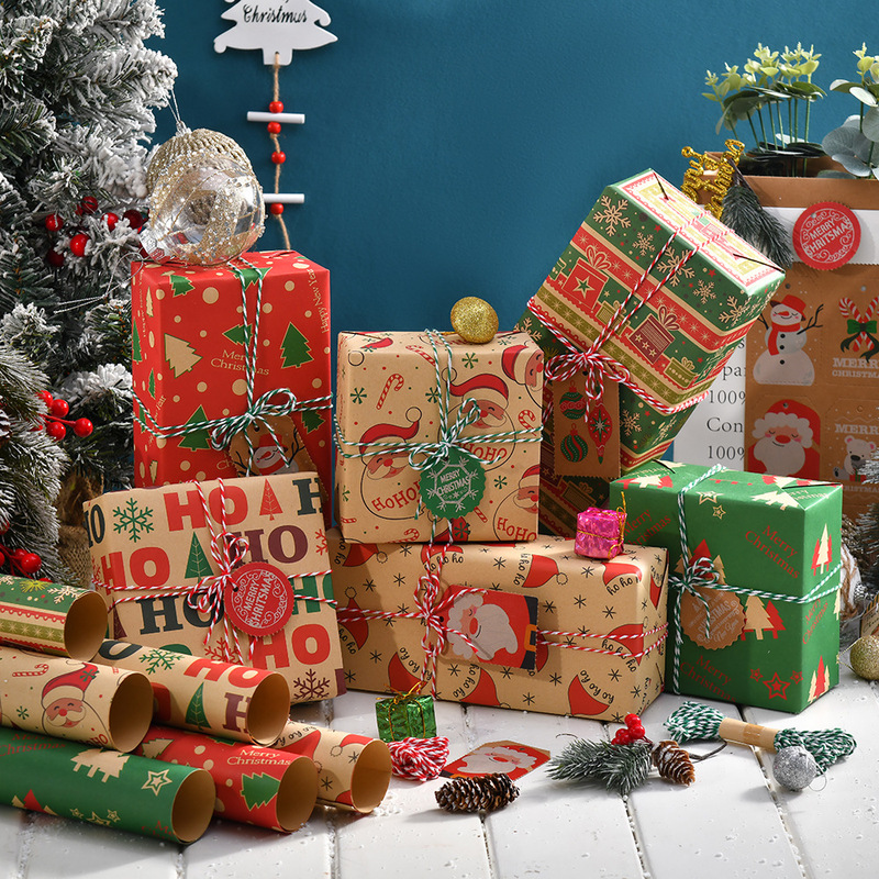 新しいレトロクラフト紙包装紙クリスマスプレゼント包装紙雪だるま鈴クリスマスツリーギフト紙|undefined