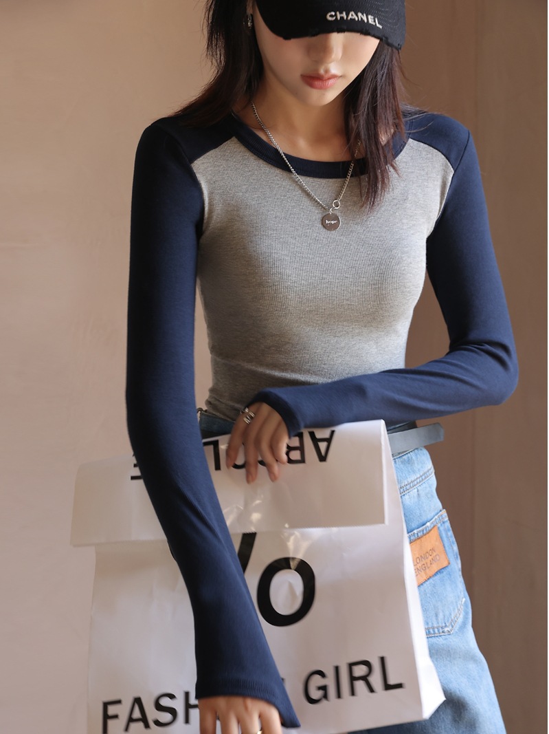 Tiktok popular costura contraste color hilo cuello redondo camisa de fondo desgaste interior de las mujeres Primavera, Otoño e Invierno estilo occidental de moda desgaste exterior manga larga image 4