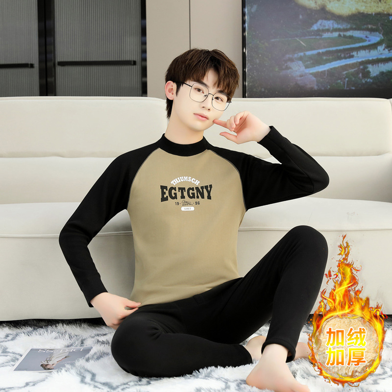 Teenager Velvet Thermal Underwear suit Men's Winter Fashion Cold-proof Bottoming Shirt High School Students' fleece-lined Autumn Clothes and Pants Teenager Velvet Thermal Underwear suit Men's Winter Fashion Cold-proof Bottoming Shirt High School Students' fleece-lined Autumn Clothes and Pants